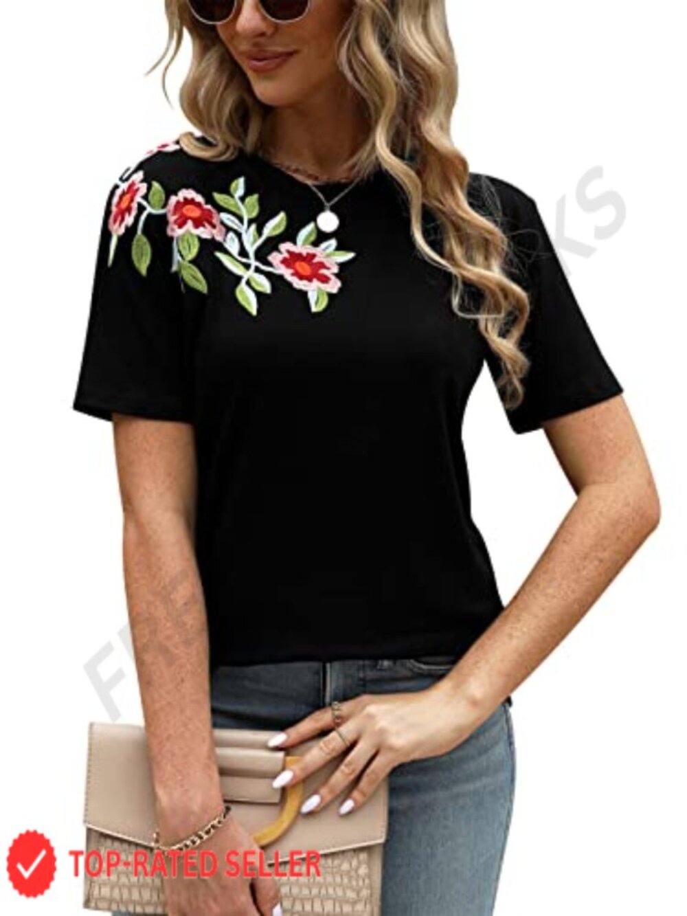 Mexican Floral Embroidered Tunic Short Sleeve Women's Fiesta Peasant Top